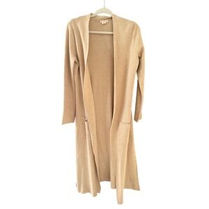 For Thee Women Tan Beige 100% Cotton Longline Duster Cardigan Sweater Pockets M